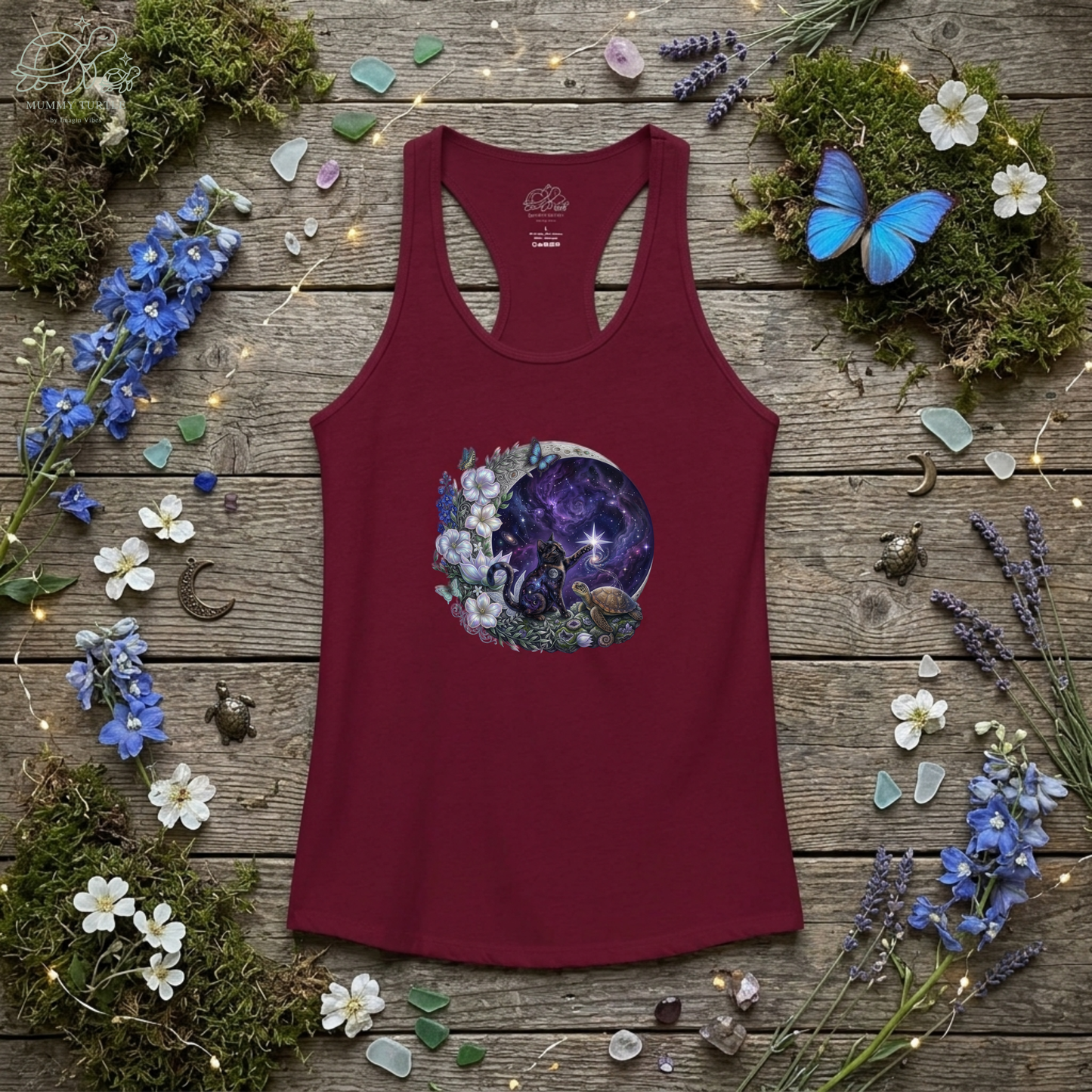 Celestial Stargazer Moon Cat & Turtle - Women's Racerback Tank Top
