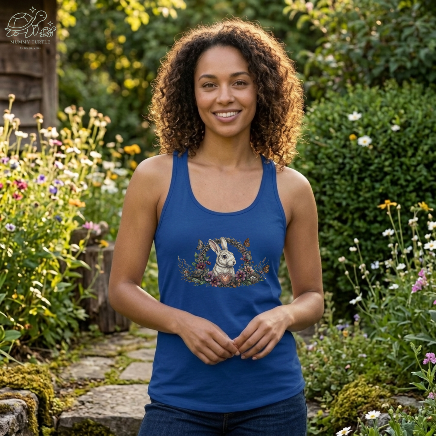 Enchanted Meadow Wreath - Bunny & Turtle Women's Racerback Tank Top