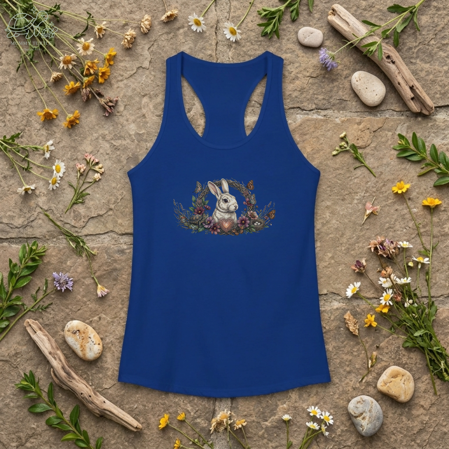 Enchanted Meadow Wreath - Bunny & Turtle Women's Racerback Tank Top
