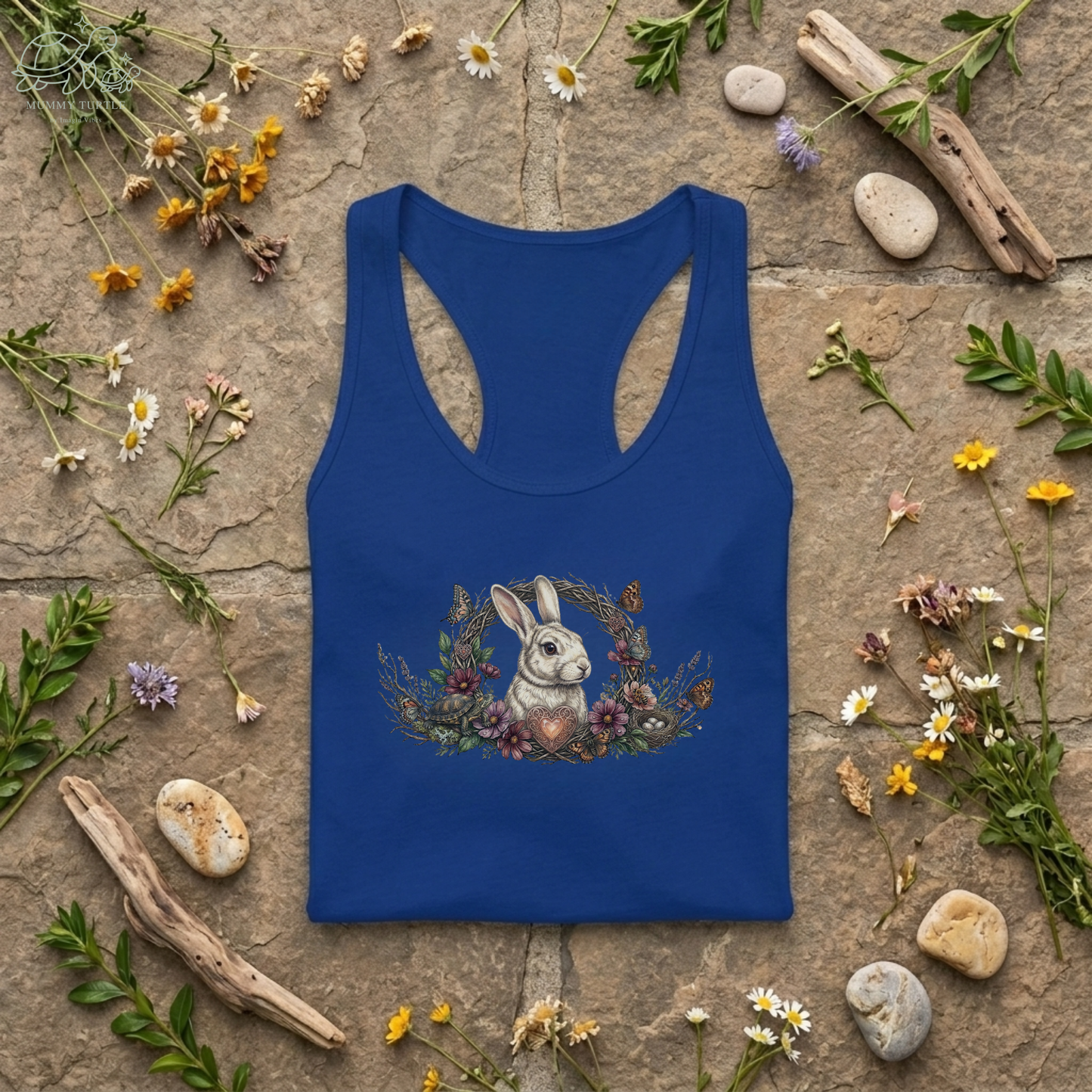 Enchanted Meadow Wreath - Bunny & Turtle Women's Racerback Tank Top