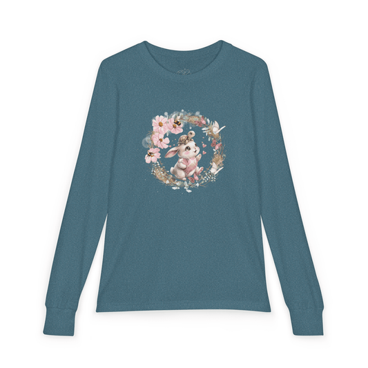 Kids bunny long-sleeve shirt featuring a cute bunny surrounded by flowers and greenery.