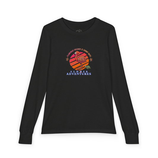 Kids flamingo long sleeve shirt featuring a bright design with a flamingo and text reading 'Summer Adventures'.