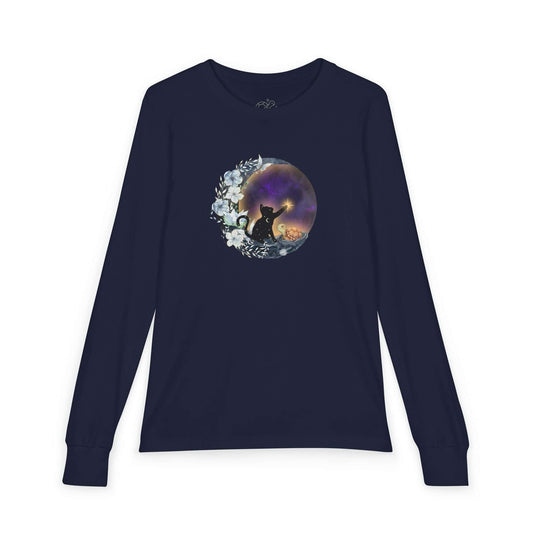 Celestial Cat Kids Long-Sleeve Tee featuring cosmic design of a cat silhouette against a starry night background.