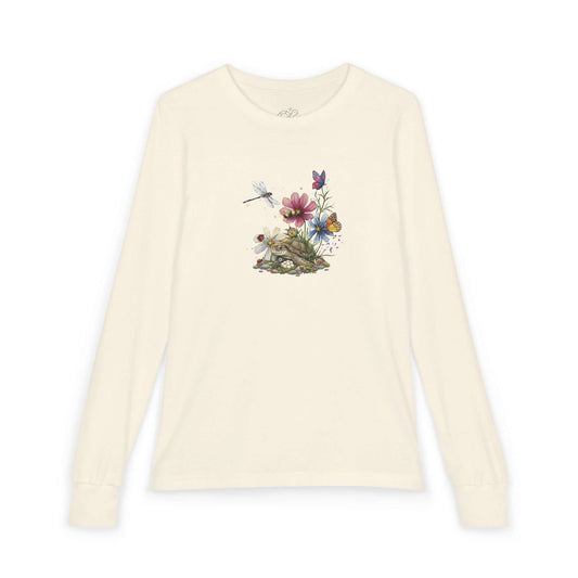 Kids blossom long sleeve shirt featuring a turtle surrounded by flowers and butterflies on a cream background.