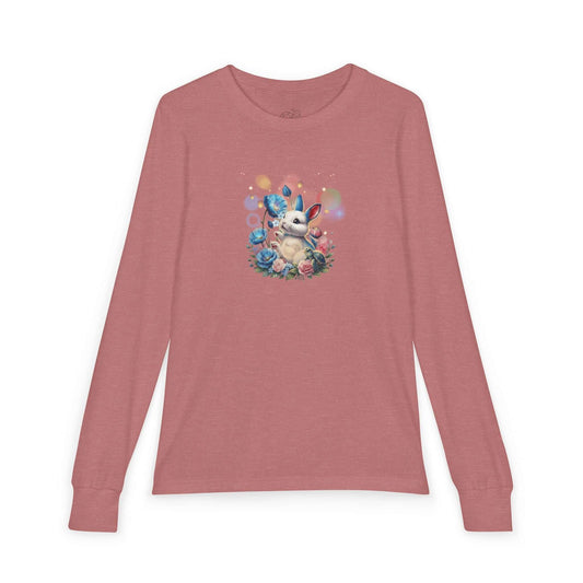 Meadow Bunny Kids Long-Sleeve Tee featuring a cute bunny and colorful flowers on a cozy pink shirt.