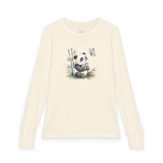 Kids panda long sleeve shirt featuring a cute panda sitting in bamboo with a butterfly.