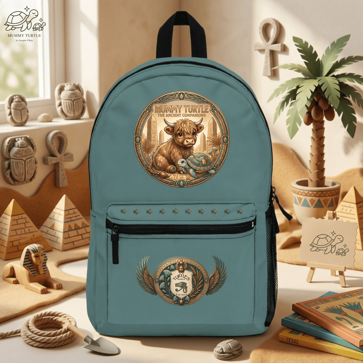 Ancient Companions Kids Explorer Backpack featuring a highland cow and turtle emblem against a stylish background.