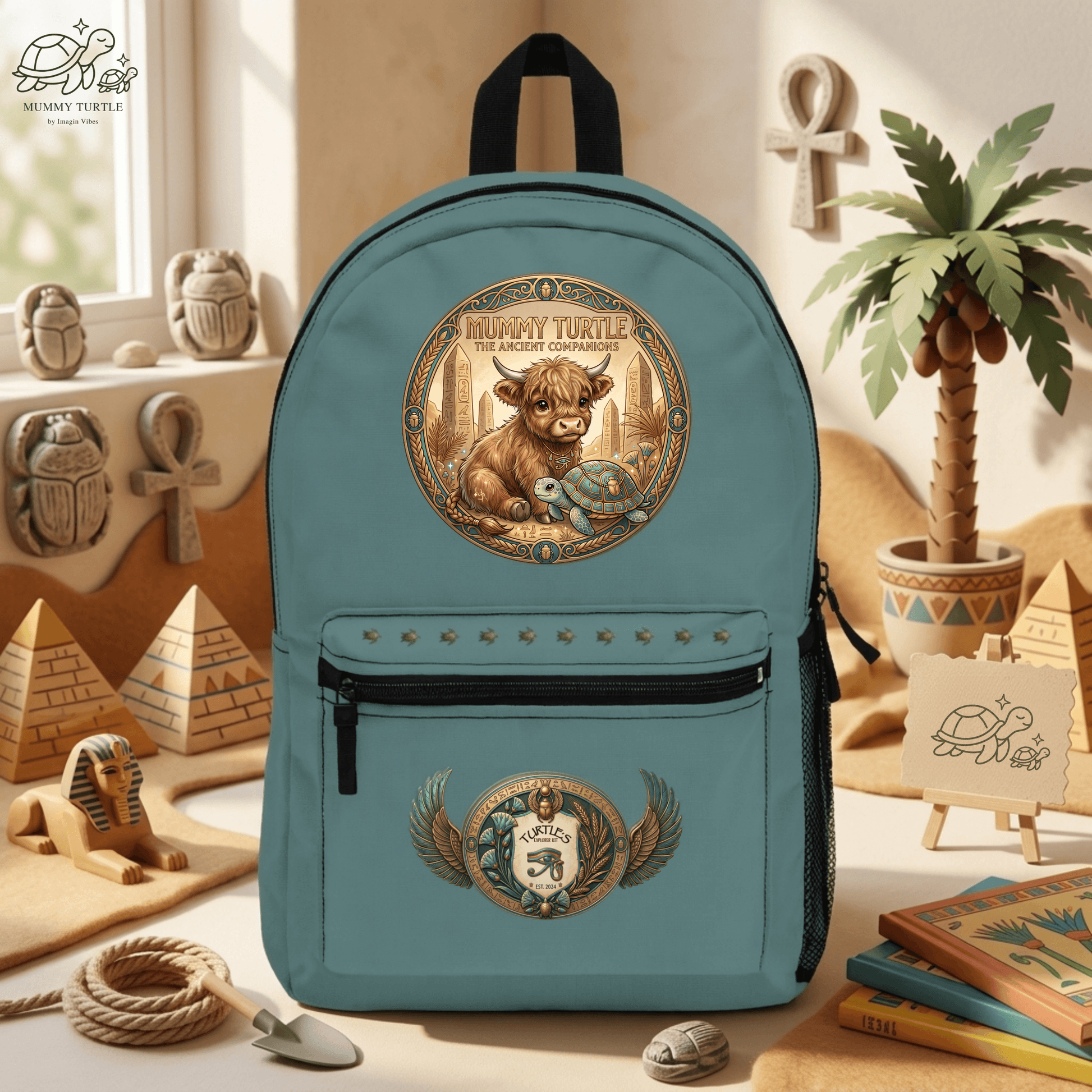 Ancient Companions Kids Explorer Backpack featuring a highland cow and turtle emblem against a stylish background.