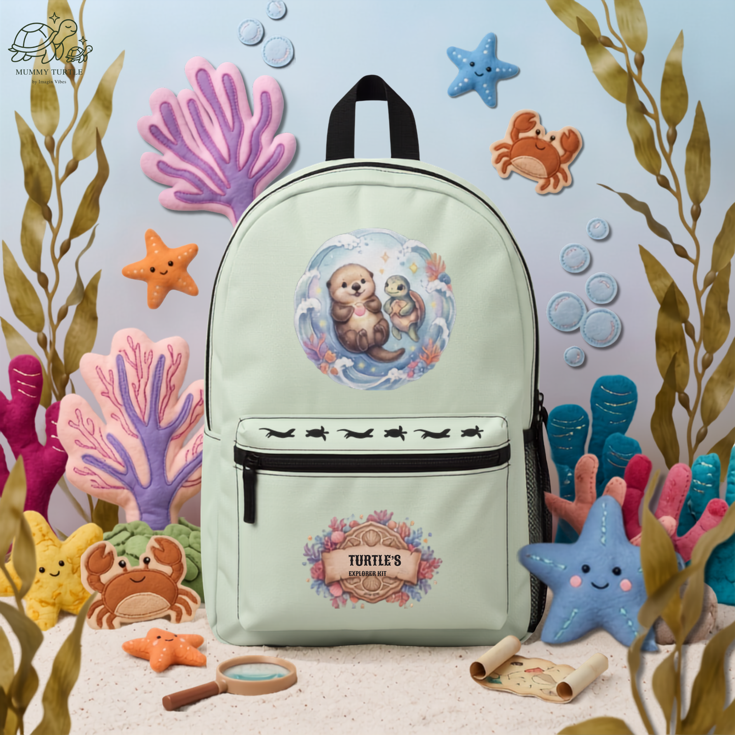 Otter Oasis Kids Explorer Backpack featuring a playful otter design, perfect for adventures. Ideal kids otter backpack.