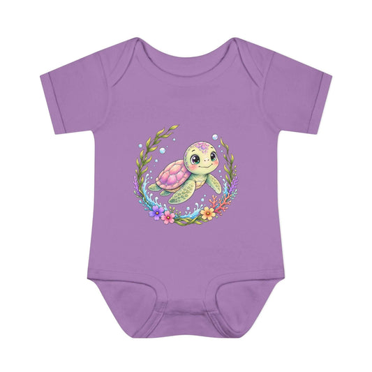 Tidal Grace Infant Bodysuit featuring a cheerful baby turtle design on a lavender background.