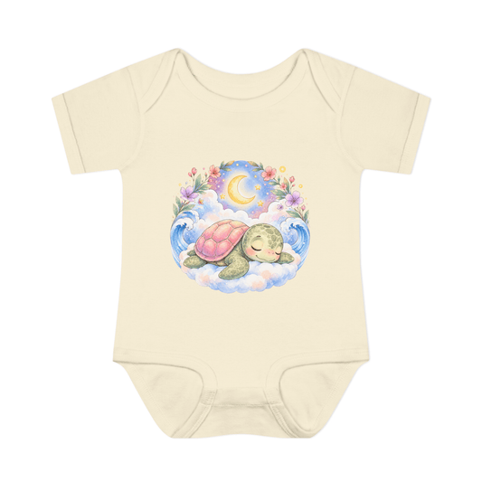 Starlit Slumber Infant Bodysuit featuring a sleepy baby turtle among clouds and a crescent moon.