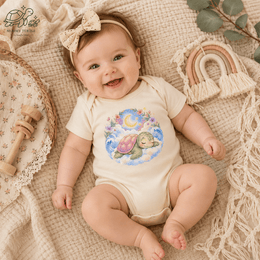 A smiling baby wearing a Starlit Slumber Infant Bodysuit with a turtle design, surrounded by pastel colors and playful decor.