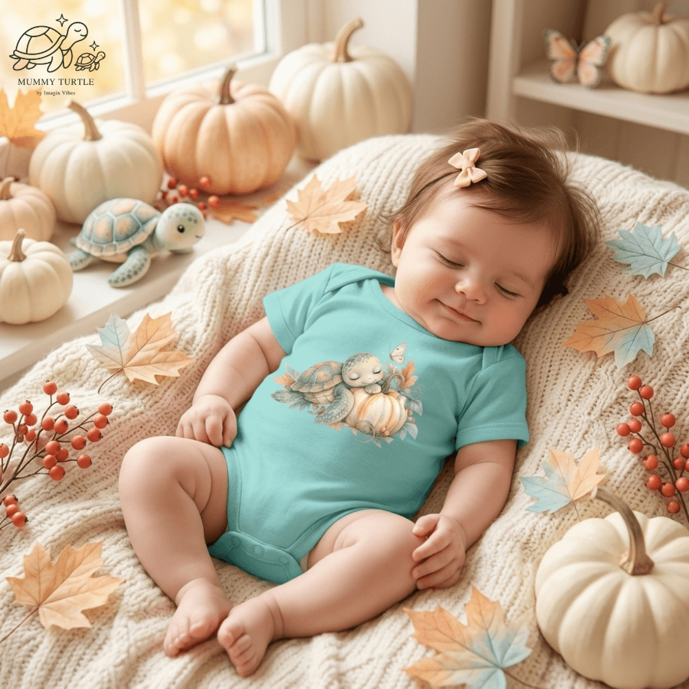 Baby wearing the aqua Harvest Friends Infant Bodysuit in a cozy autumn setting with a gentle turtle and turkey design.