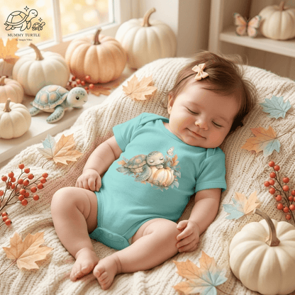 Baby wearing the aqua Harvest Friends Infant Bodysuit in a cozy autumn setting with a gentle turtle and turkey design.