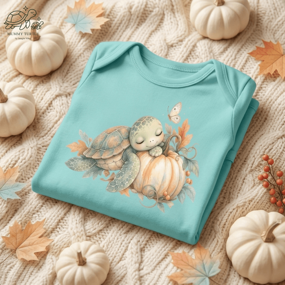 Harvest Friends Infant Bodysuit in aqua displayed in a cozy autumn scene with seasonal props and the turtle and turkey illustration.