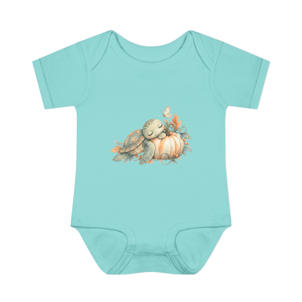 Harvest Friends Infant Bodysuit in aqua featuring a sweet turtle and friendly turkey sharing little autumn harvest treasures.