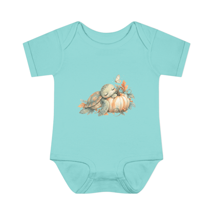 Harvest Friends Infant Bodysuit in aqua featuring a sweet turtle and friendly turkey sharing little autumn harvest treasures.