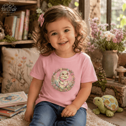 A toddler wearing a pink Storybook Shell Toddler T-Shirt featuring a turtle reading a book in a floral wreath.