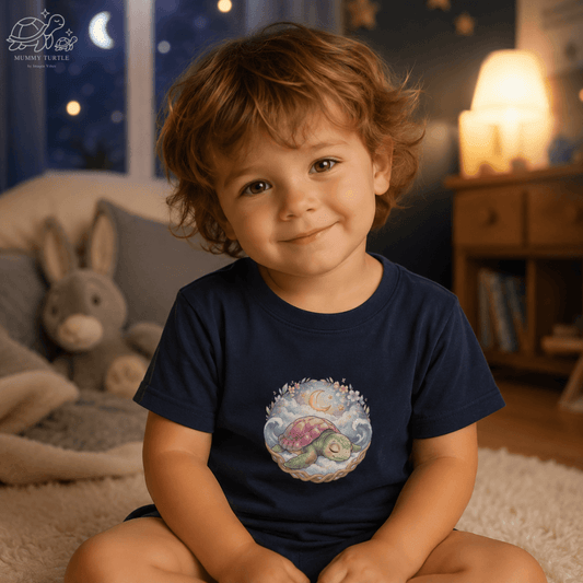 Child wearing a Starlit Slumber Toddler T-Shirt featuring a sleepy sea turtle design beneath a crescent moon and clouds.