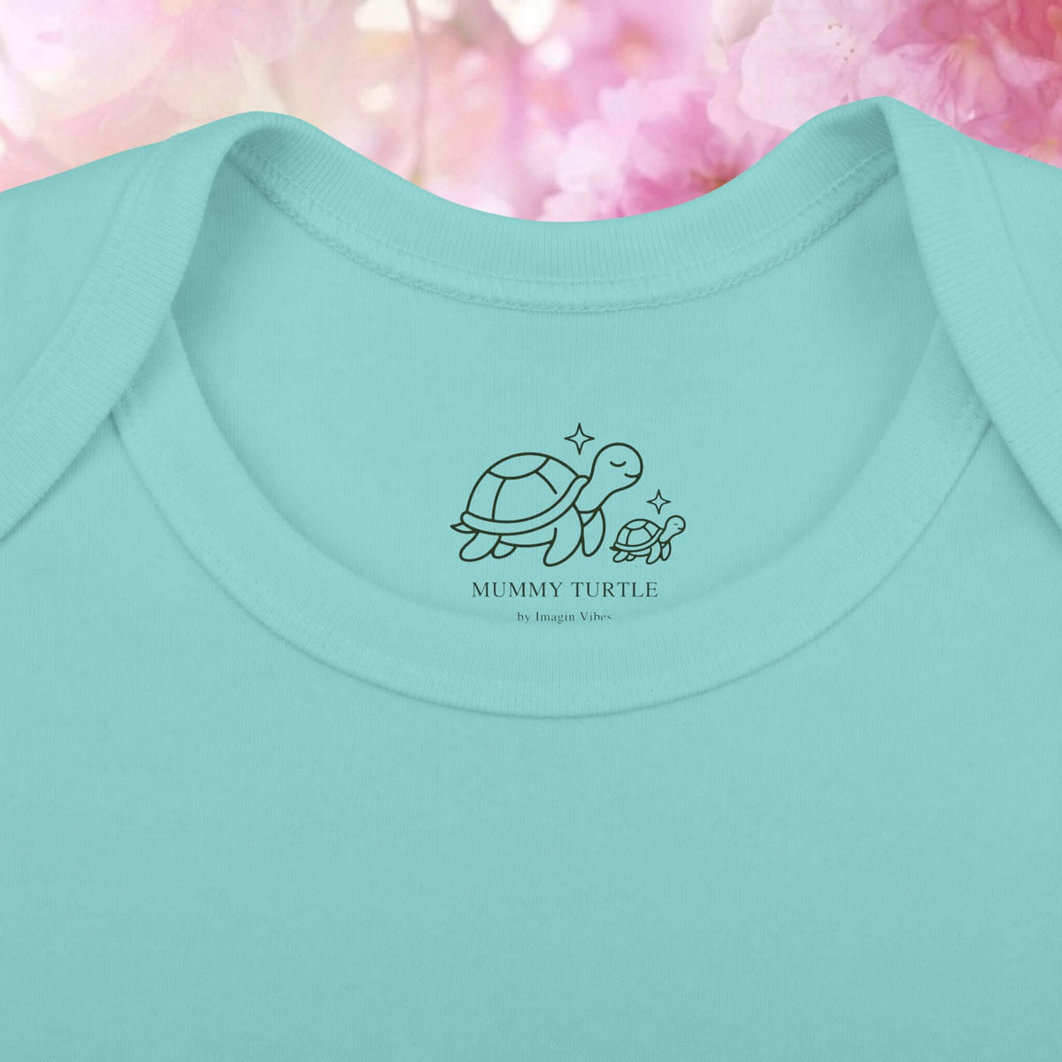 Back view of the aqua Harvest Friends Infant Bodysuit showing the plain rear of the bodysuit.