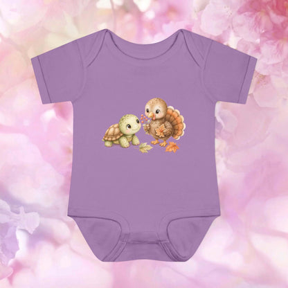 Purple Harvest Friends Infant Bodysuit featuring a cheerful turtle and friendly turkey in a gentle fall harvest design.