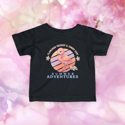Infant flamingo t-shirt front view in black with Summer Adventures artwork for bright and playful baby outfits.