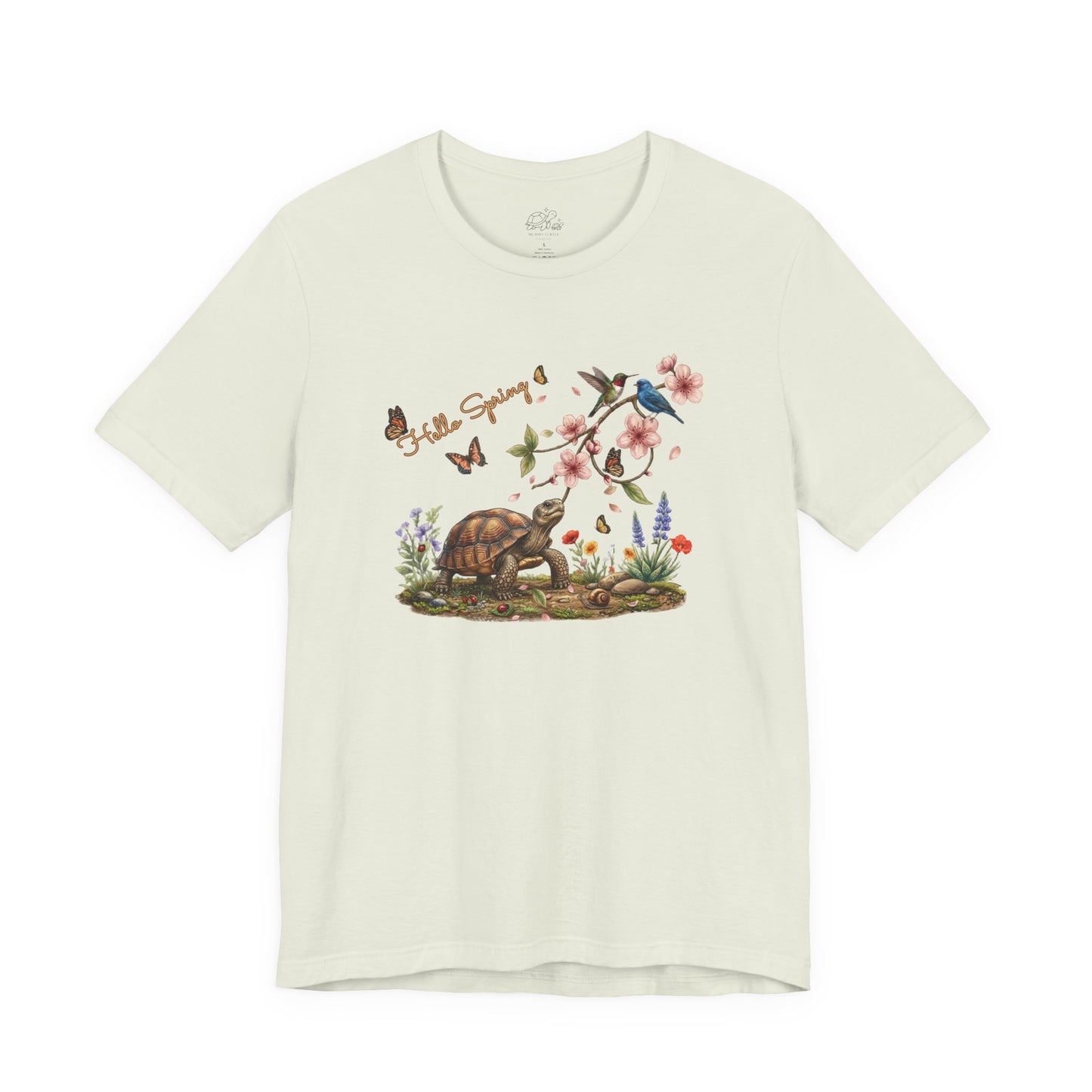 Hello Spring Unisex Jersey Tee featuring a turtle among cherry blossoms and birds, celebrating spring's beauty.