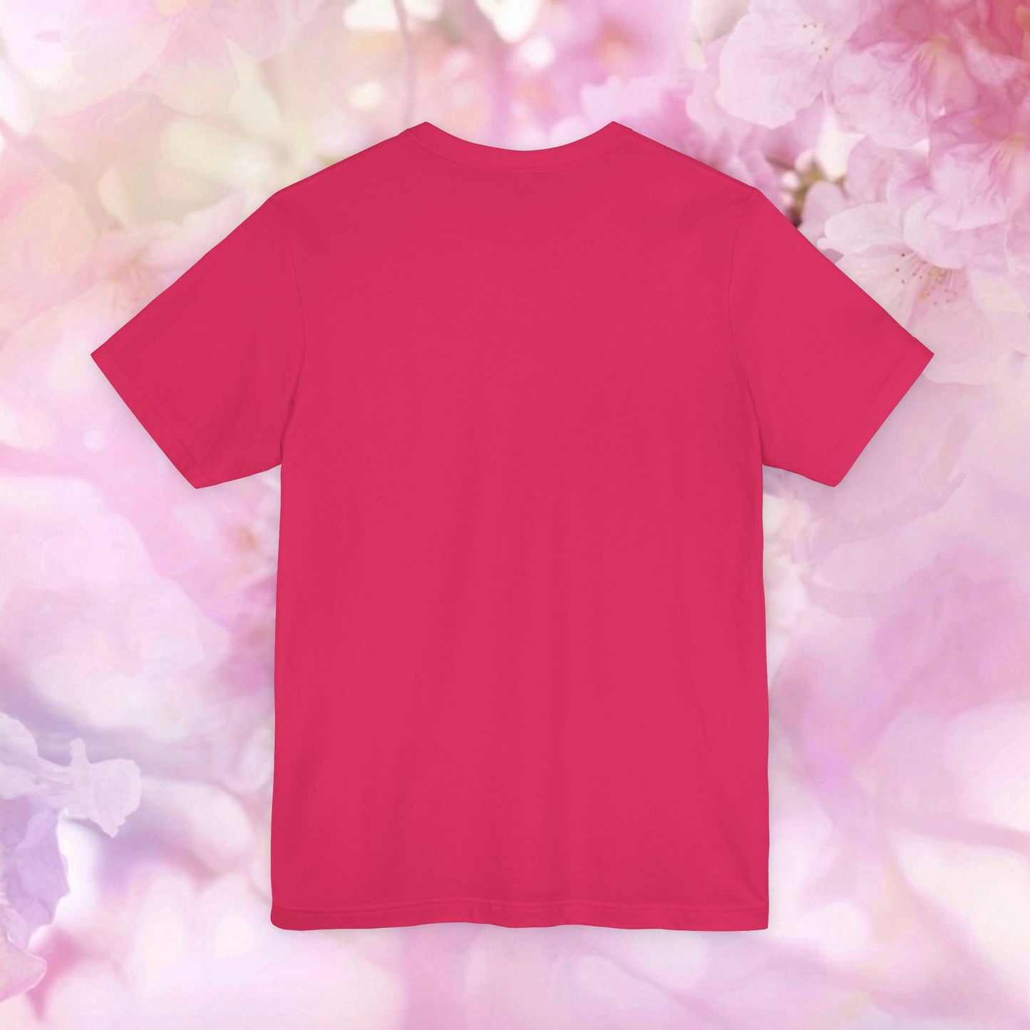 Hello Spring unisex jersey tee in vibrant pink, perfect for celebrating the season with blossoms and birds.