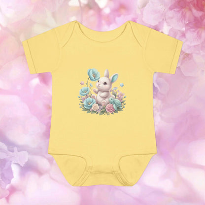 Infant bunny bodysuit in soft yellow with Meadow Bunny design for sweet spring-inspired baby style.