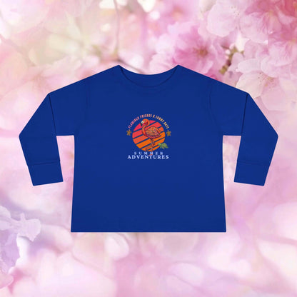 Summer Adventure toddler flamingo long sleeve shirt featuring colorful basketball design on a blue background.