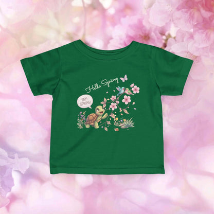 Infant spring t-shirt front view in green with Hello Spring artwork for playful everyday baby style.