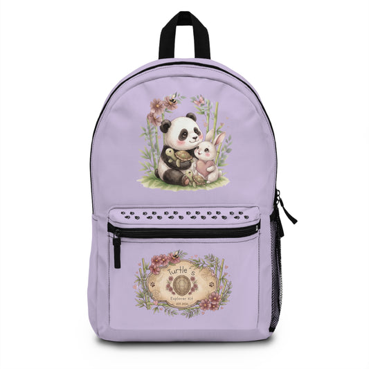 Kids panda backpack featuring a cute panda and bunny design with a light purple background.