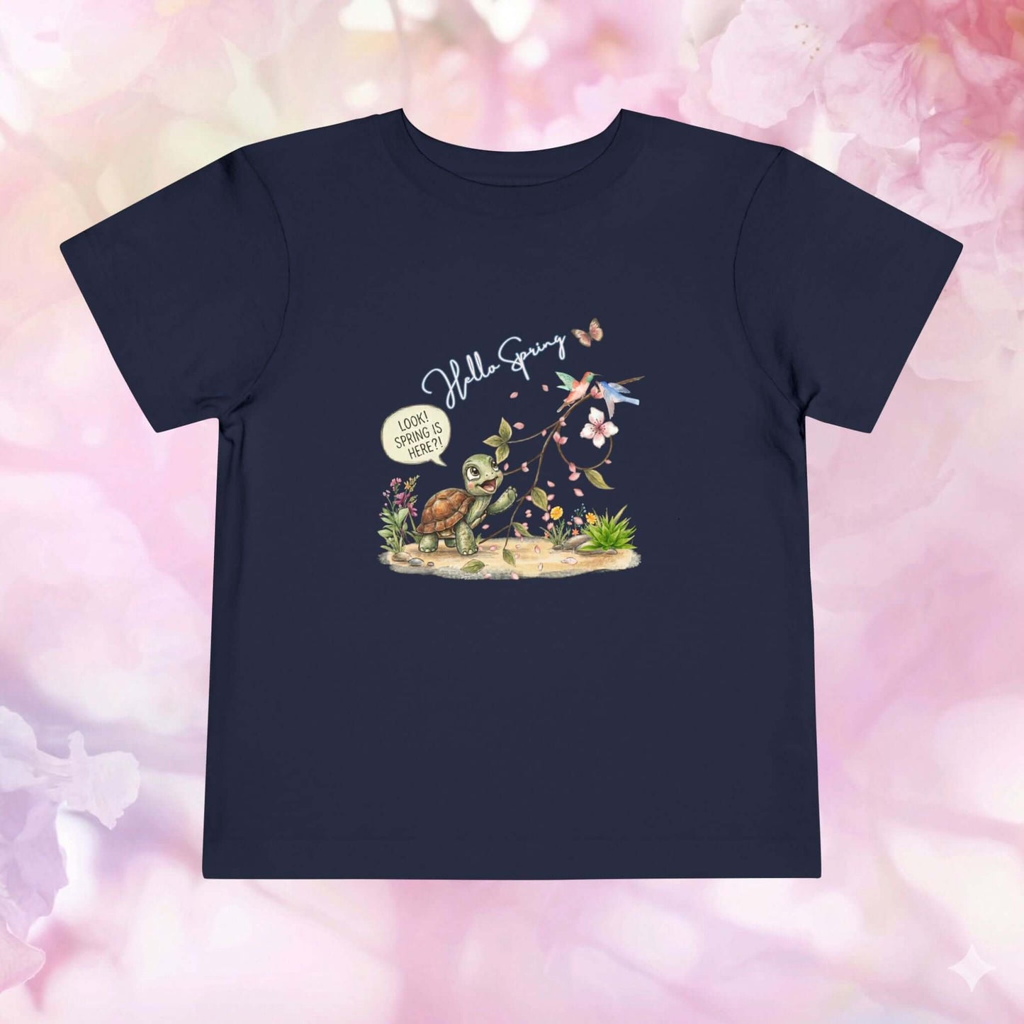 Toddler spring shirt featuring a joyful turtle discovering spring with flowers and butterflies.