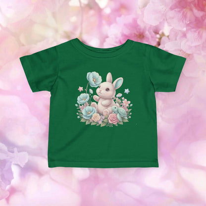 Infant bunny t-shirt front view in green with Meadow Bunny artwork for playful everyday baby style.