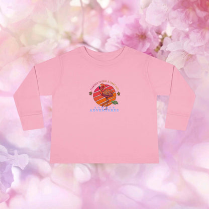 Toddler flamingo long sleeve shirt in pink with playful tropical design, perfect for summer adventures.