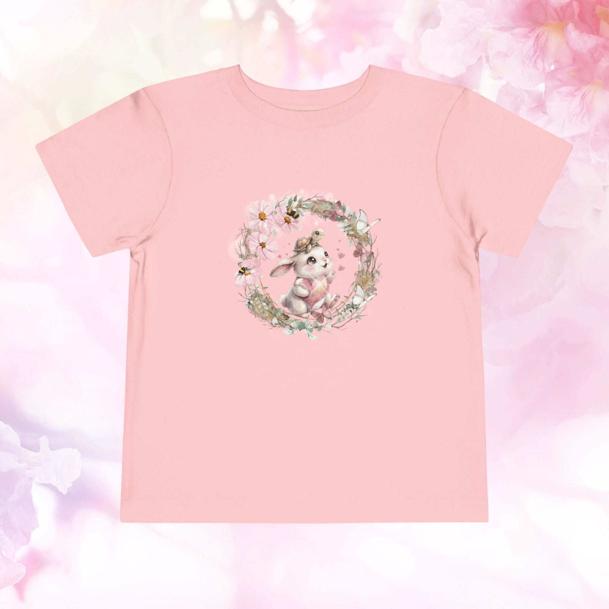 Pink toddler bunny t-shirt featuring a sweet bunny surrounded by flowers, perfect for little explorers.