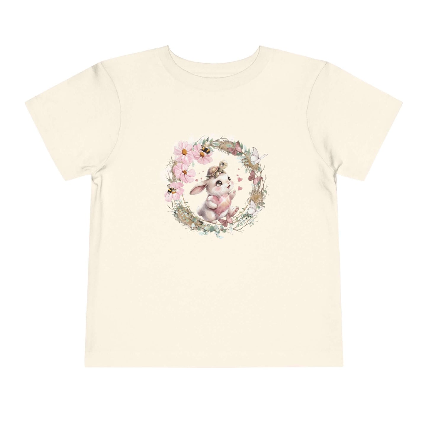 Toddler bunny t-shirt featuring a watercolor bunny surrounded by flowers and whimsical elements.